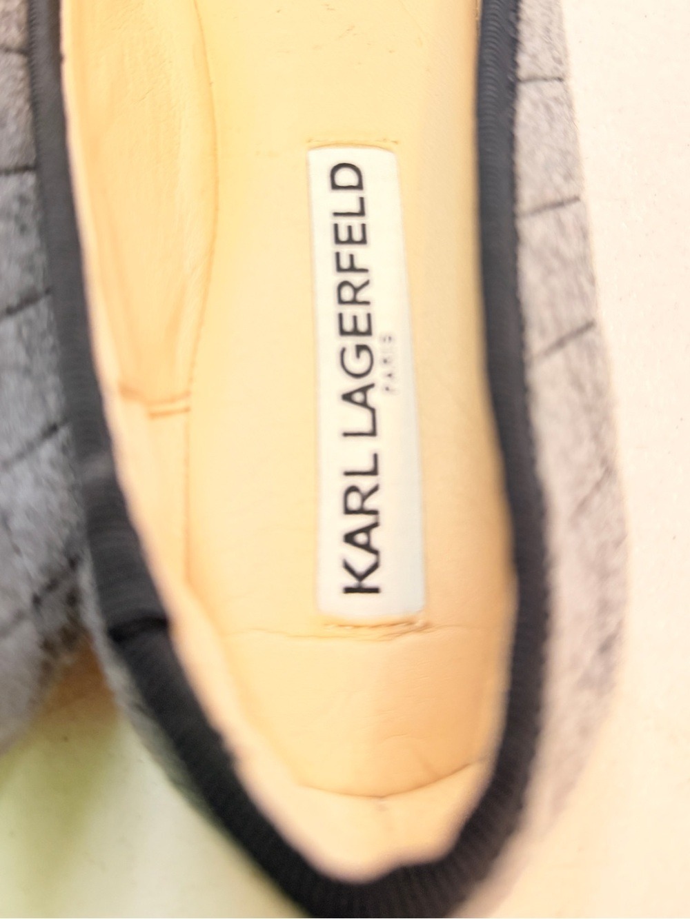 Karl Lagerfeld Gray Quilted Pointed Flats with Black Tassels - Picture 3 of 8